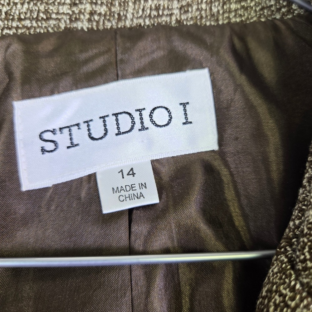 Studio I Brown Tweed 2 Piece Pant Suit Blazer Wide Leg Trousers Set Size 14 - Picture 2 of 10